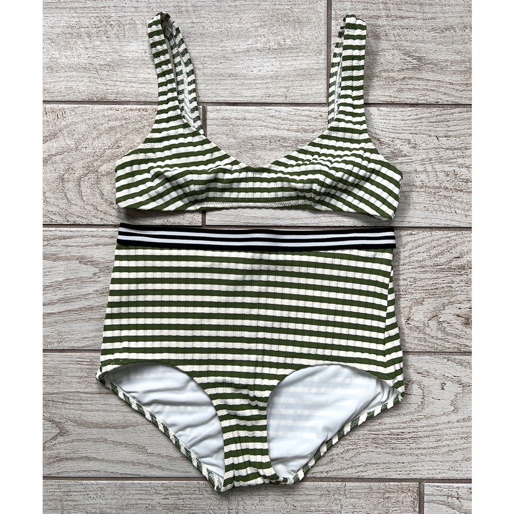 Solid & Striped Katie high-waisted green and white striped bikini | medium